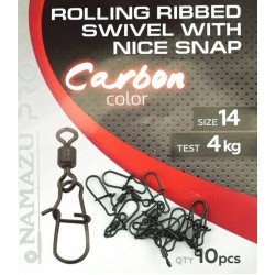 Вертлюг с застежкой Namazu Pro ROLLING RIBBED SWIVEL WITH NICE SNAP, цв. Carbon, р. 2, test-65 кг, катаный (уп. 10 шт.)/