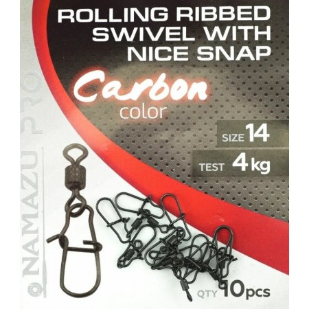 Вертлюг с застежкой Namazu Pro ROLLING RIBBED SWIVEL WITH NICE SNAP, цв. Carbon, р. 3, test-57 кг, катаный (уп. 10 шт.)/